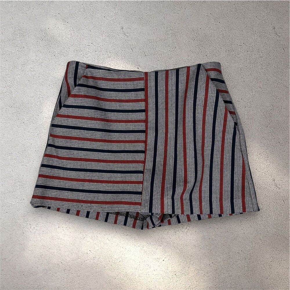ZARA Trafaluc Striped Micro Skort Women's XS Red Blue Mini Pockets Preppy Chic